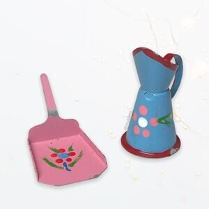 Vintage Handpainted Dollhouse Mini Miniature Watering Can & Dust Pan Figures